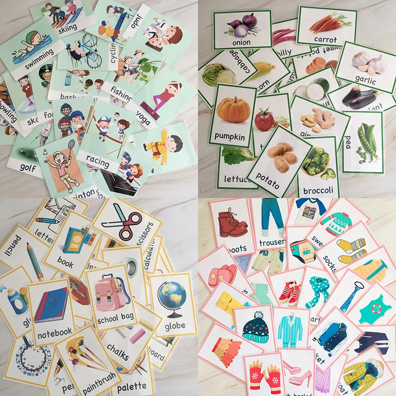 

91Pcs/Set Sports/Stationery/Vegetables/Clothing Learning English Flash Cards for Children Montessori Educational Toys Card Gift