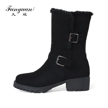 

Fanyuan Female Winter Boots Women Shoes Buckles Warm Black Brown Short Ankle Snow Boots High Heels Lady Thick Boot Plus Size