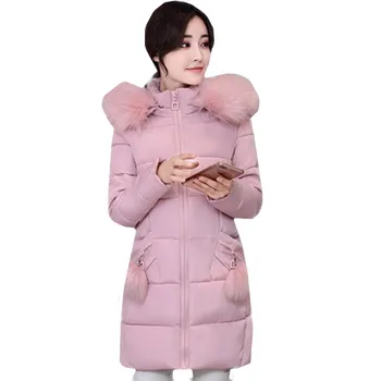 

UHYTGF Women Down Cotton Coat Winter Jacket Women Plus size Parkas Mujer Coat Slim Fur collar Hooded Jacket Female Black Top 80