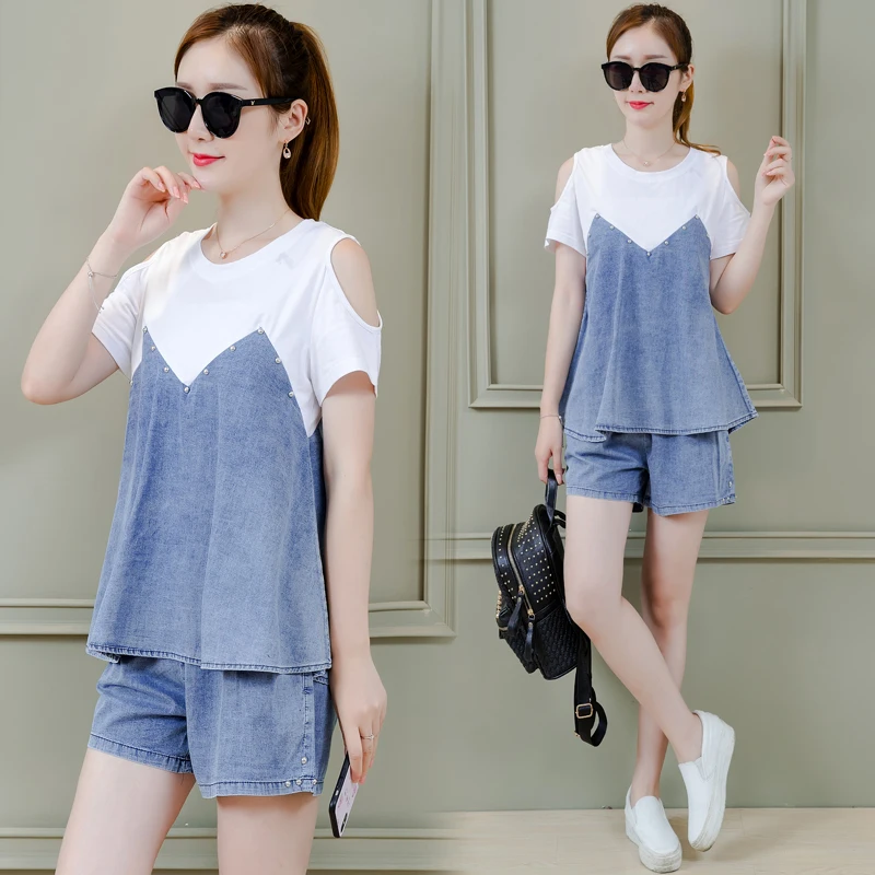 

Summer two piece set Youth clothing cowboy Tops + shorts suit female New casual Women sets Fashion sportswear suit Free shipping