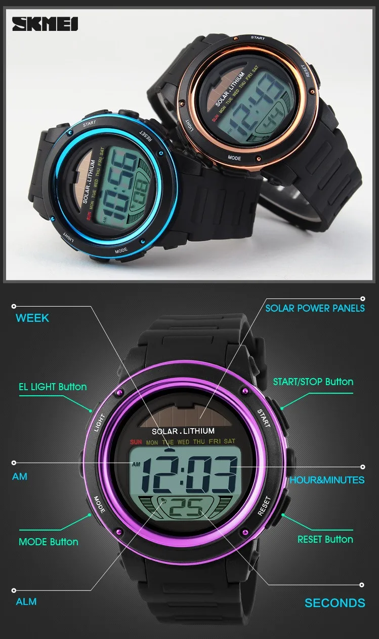 Бренд SKMEI часы Солнечная энергия мужские электронные спортивные часы многофункциональные уличные водонепроницаемые цифровые наручные часы