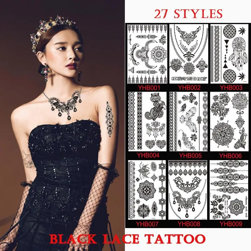 Grosshandel 50 Stucke Temporare Spitze Tattoos Arabisch Spitze Henna Tattoos Aufkleber Collier Schmetterling Muster Gediegene Schwarz Spitzen Decals Tattoo Sticker Henna Tattoo Stickerslace Tattoo Aliexpress