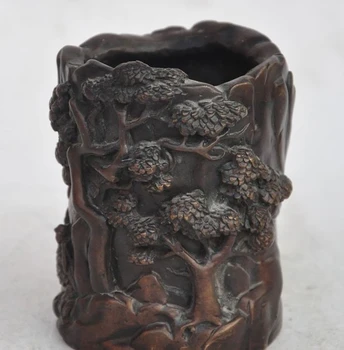 

Chinese Bronze Wealth yuanbao Pine Tree Rich man statue brush pot pencil vase