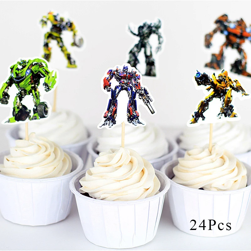 Transformation Bumblebee Optimus Prime Theme Party Decorations Paper Cup Plate Baby Shower Balloons Kids Birthday Party Supplies - Цвет: Cupcake Topper x 24