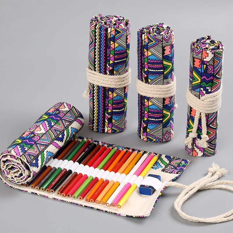 

12/36/48/72 hole national wind canvas pencil case creative colorful rolled pencil bag school home office storage supplies