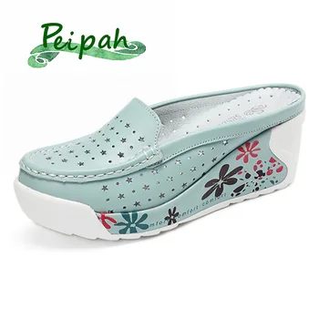 

PEIPAH Classic Genuine Leather Summer Platform Shoes Women Creepers Casual Breathable Flat Wedges Shoe Woman Casual Nurse shoes