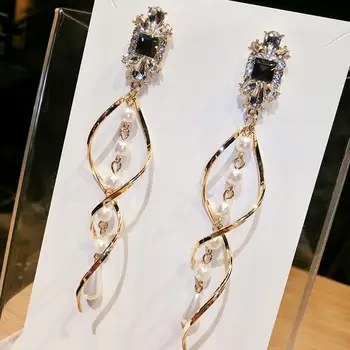 

Fashion Rhinestone Twist Faux Pearl Tassel Long Dangle Women Earrings Gift hot