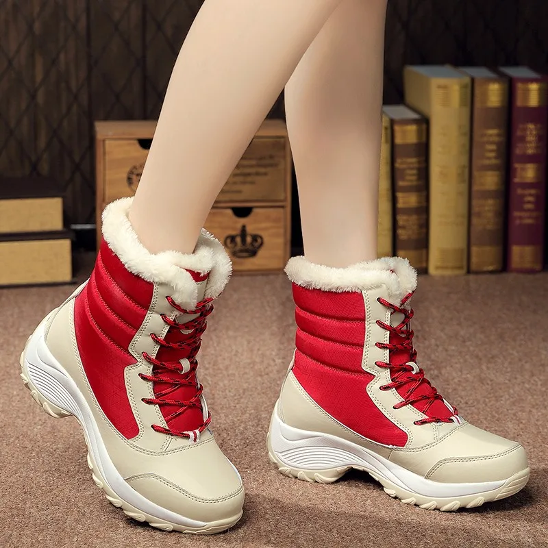 Женские ботинки; нескользящие Водонепроницаемые зимние ботильоны; женская зимняя обувь на платформе с толстым мехом; botas mujer - Цвет: Красный