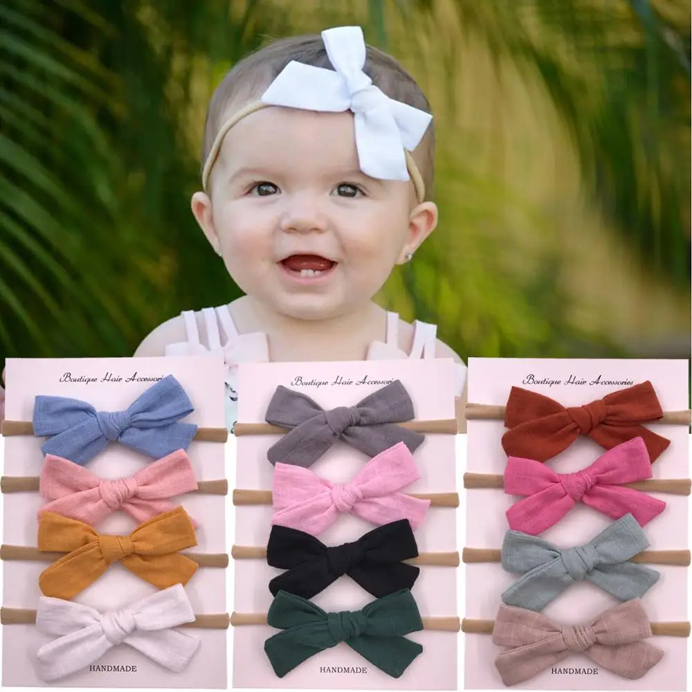 BEILARRY 4 Pcs Soft Piggy tail bow headbands Baby Toddler Girls 3-inch Cotton Fabric bow Elastic Headband Hair bow Accessories