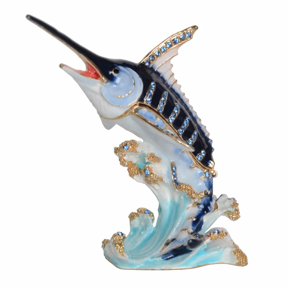 

Blue Marlin Fish Jeweled Trinket Jewelry Box Nautical Figurine Vintage Decoration Ring Holder Creative Gifts