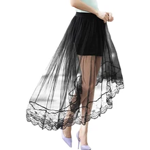 Сексуальная Черная кружевная Тюлевая многослойная юбка для женщин Повседневная Длинная юбка высокая низкая кружевная сетчатая юбка летняя повседневная винтажная