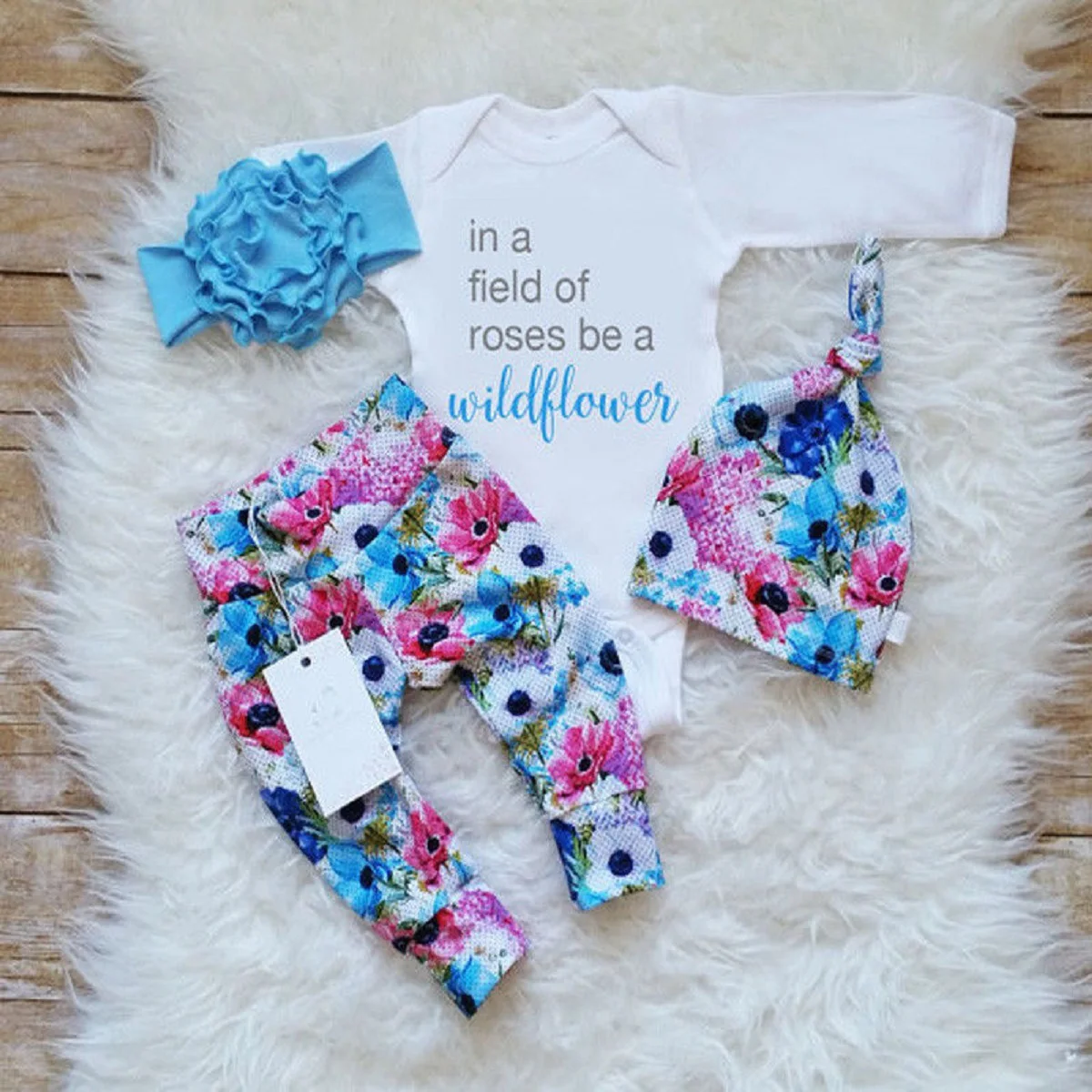 

Fast Shipping Autumn Newborn Baby Boy Girl Romper Cotton Clothes Outfit Set Letter White Long Sleeve Tops+Floral Long Pants 4PCS