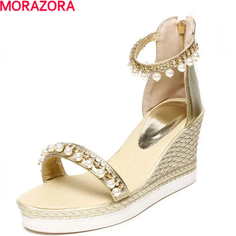 

MORAZORA beading rhinestone Big size 34-43 high heels shoes wedges summer women sandals platform shoes open-toed