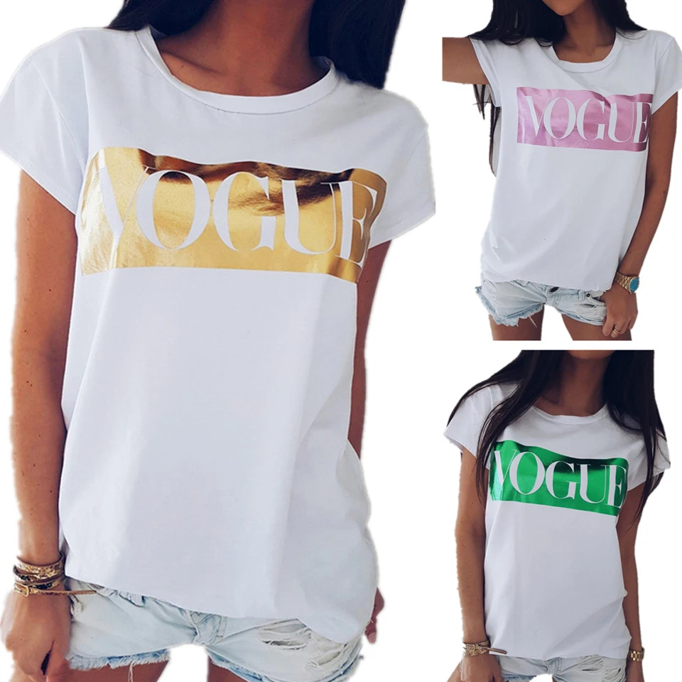 Vogue Футболка с буквенным принтом Для женщин летние топы Vetement Femme 2019 золото черно