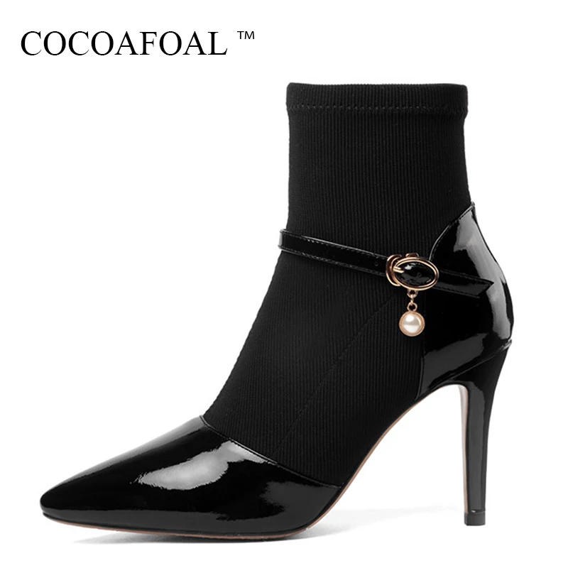 

COCOAFOAL Winter Pointed Toe String Bead Martin Boots Woman Black Genuine Leather Chelsea Boots Fashion High Heeled Ankle Boots