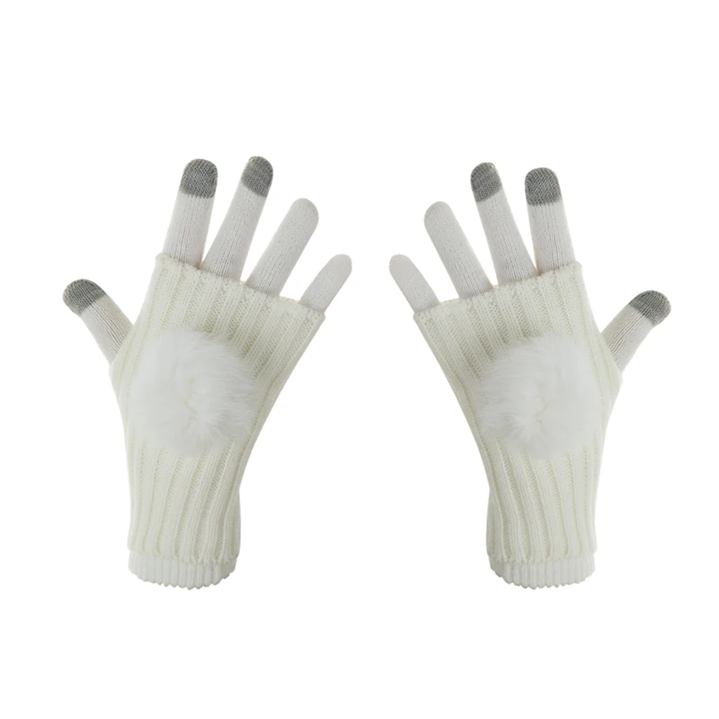 SuperB&G модные зимние Для женщин перчатки Двойка перчатки Для женщин настоящие волосы мяч Вязание шерсть варежки теплые перчатки для рук аксессуары - Цвет: White