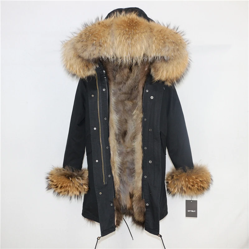 OFTBUY, пальто из натурального меха, длинная парка, зимняя куртка для женщин, натуральный мех енота, Воротник из натурального Лисьего меха, съемная уличная одежда, новинка - Цвет: black natural XD