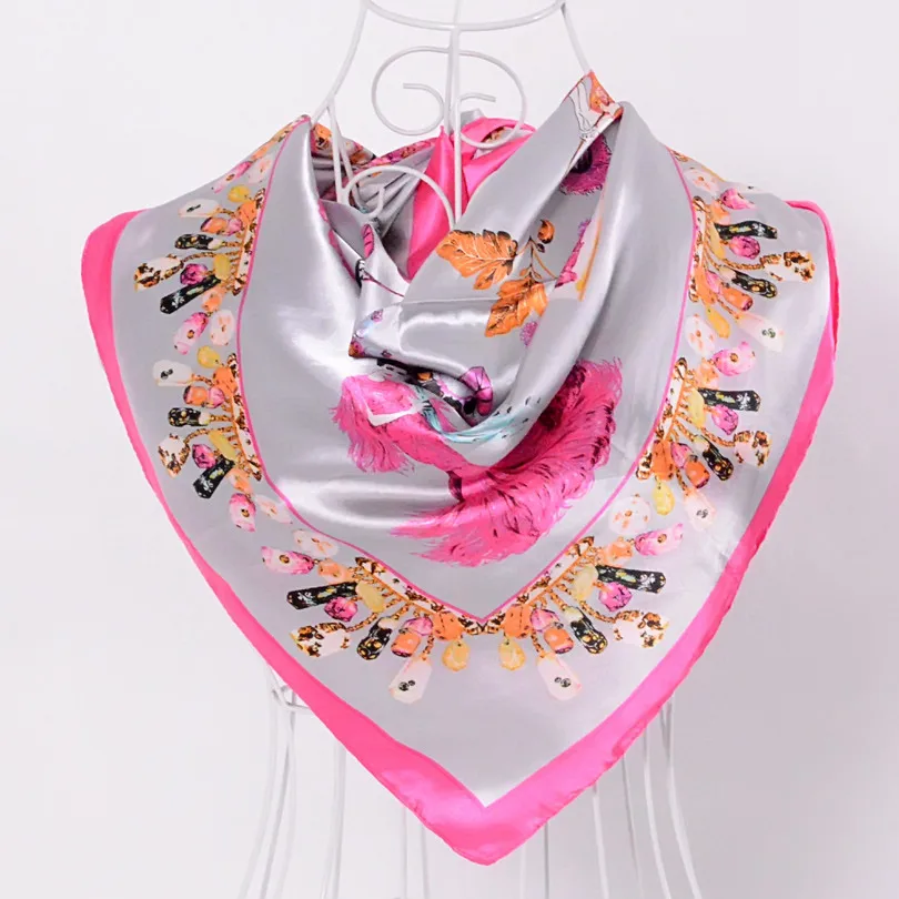 Модный женский квадратный шелковый шарф, шаль с принтом, весна-осень, национальный бренд, бежевые шарфы,, атласный шелковый шарф, шарфы - Цвет: grey pink