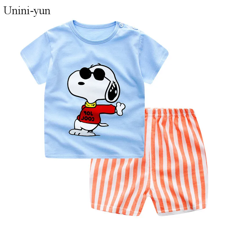 

[Unini-yun]Baby fashion clothes summer kids clothes sets t-shirt+pants suit clothing set cartoon Printed Clothes newborn suits