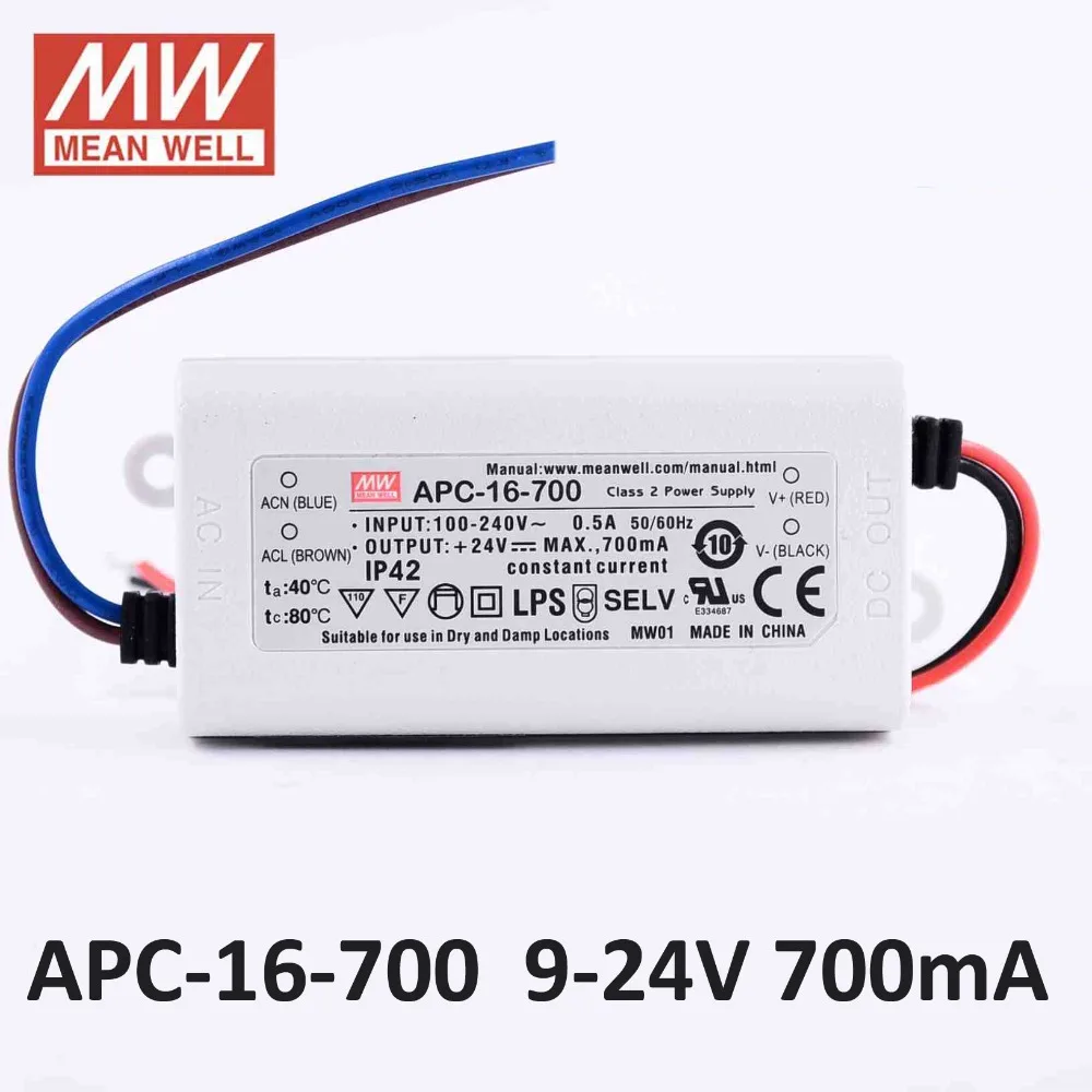 

Meanwell APC-16-700 LED Power Supply 16.8W 9~24V 700mA constant current mean well IP42 LED driver plastic case power supply