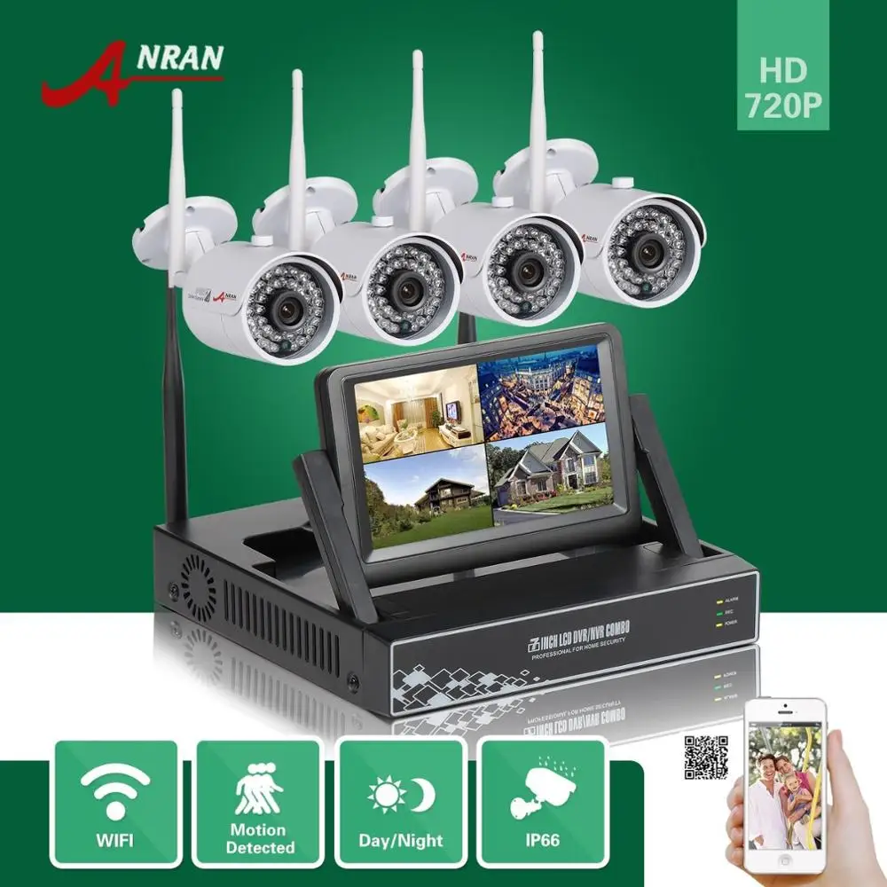 ANRAN Plug Play HD 720P 4CH WIFI NVR 7' LCD Monitor 36 IR Day Night Outdoor Home Surveillance Wireless IP Camera Security System