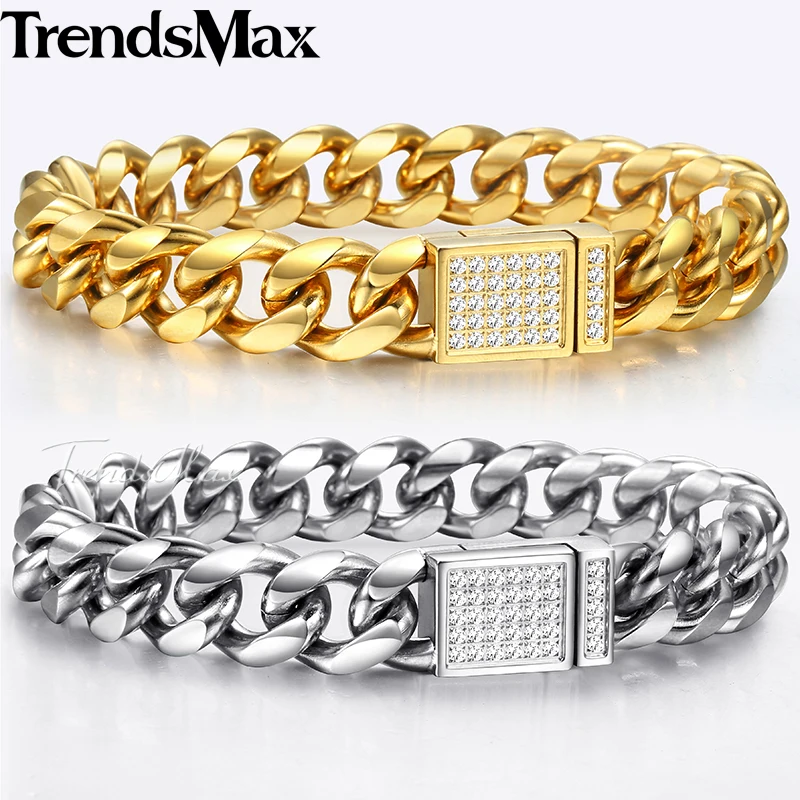 

Men's Bracelets Hip Hop Gold Silver Iced Out Cuban Link Chain 316L Stainless Steel Bracelet For Male Jewelry Gifts 12mm KHBM119
