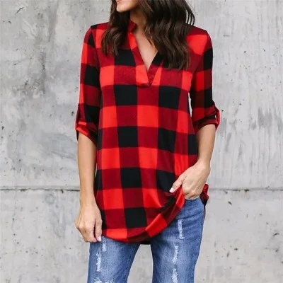 2018 Spring Autumn Plaid Blouse Womens Tops and Blouses Long Sleeve V-neck Shirts Plus Size Loose Casual Blusas 2018 Spring Autumn Plaid Blouse Womens Tops and Blouses Long Sleeve V-neck Shirts Plus Size Loose Casual Blusas