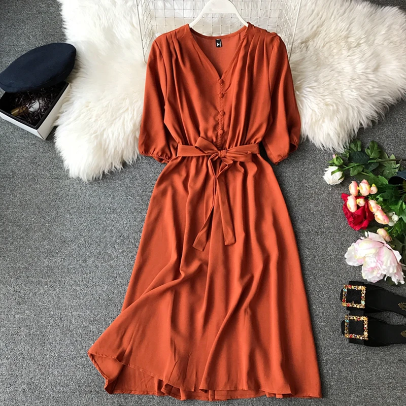 

10Colors Bohemian Women Dress 2019 Spring Summer Korean New Retro All Match Temperament V-neck High Waist Chiffon Dress Female