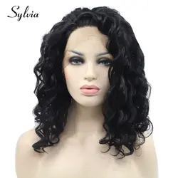 Sylvia 1b # короткие глубокая волна жаропрочных волокна волос для женщины натуральный черный синтетические кружева спереди парики Бесплатная