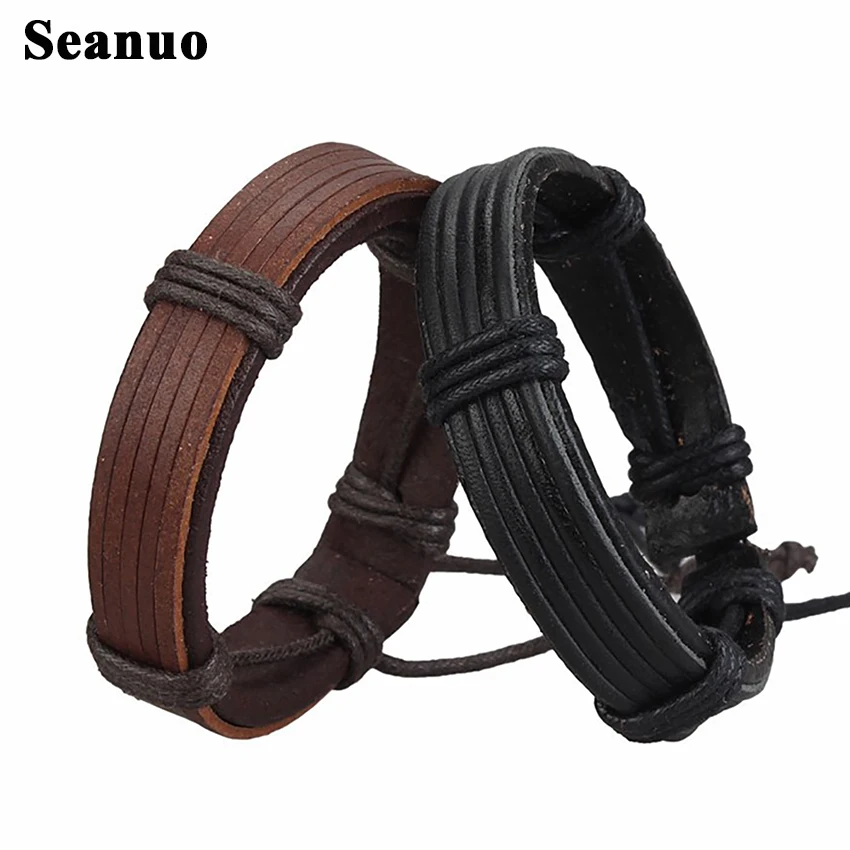 

Seanuo Unisex 100% Genuine Leather Cuff Bangle Bracelet For Men Fashion Punk Rock Handwoven Women Charm Wristband Wrap Bracelets