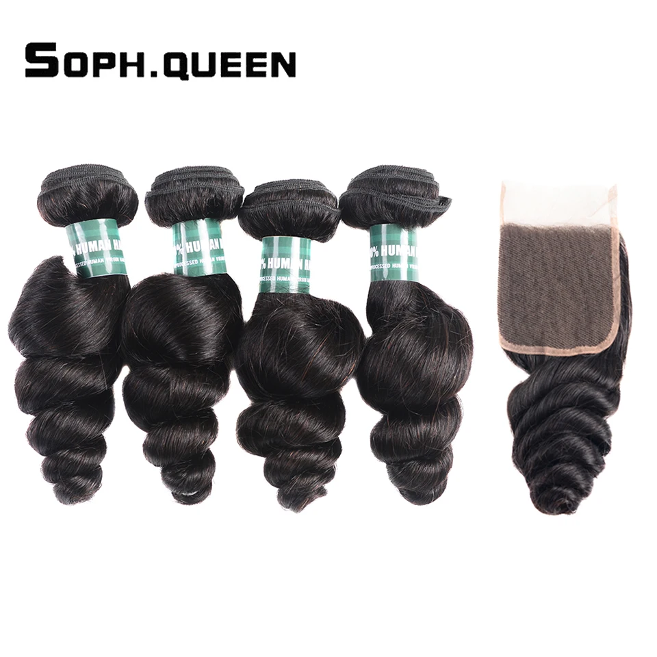 Соф queen hair перуанской человеческих волос пучков с закрытием свободная волна 4bundles с закрытием кружева 4*4 натуральный цвет