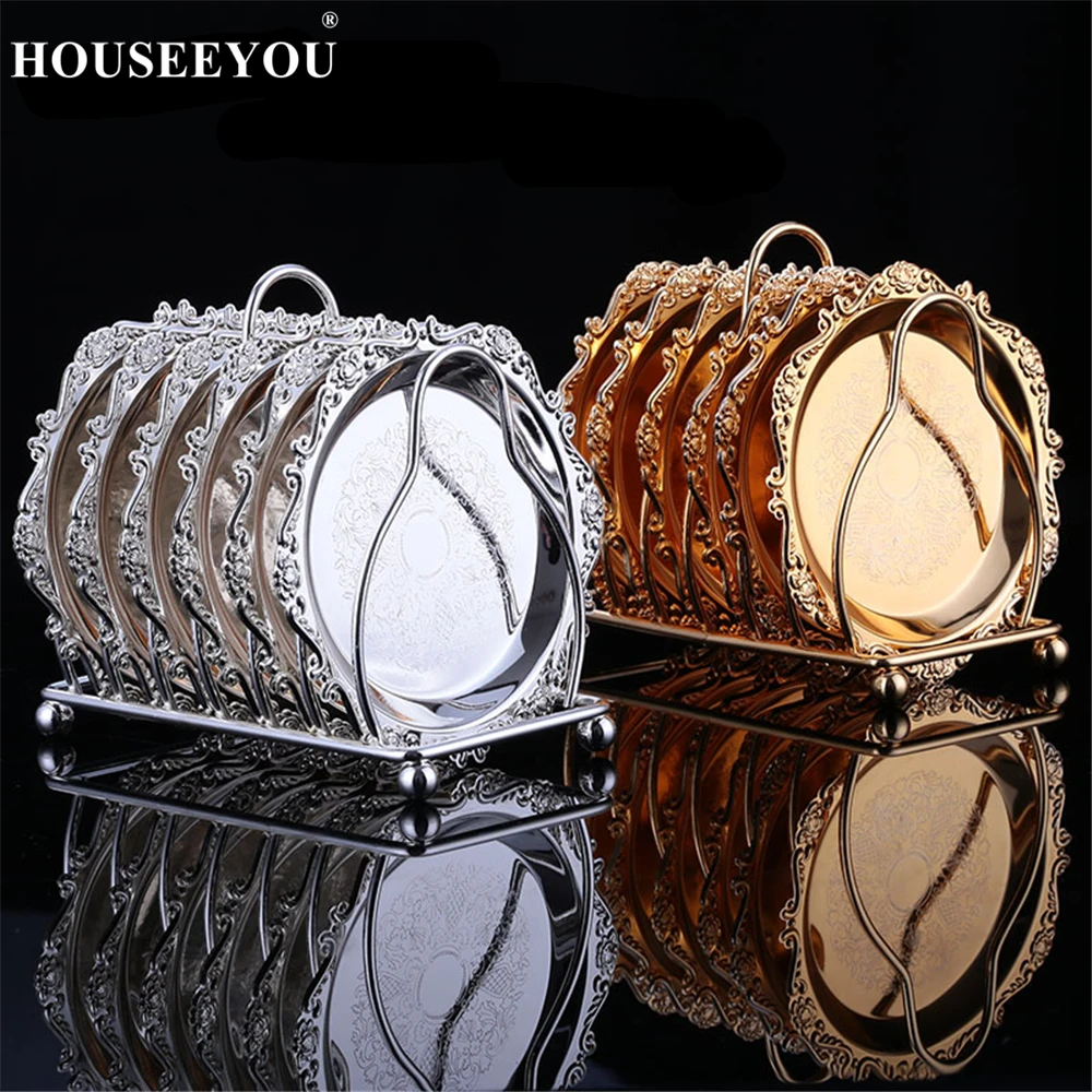 

6Pcs/set European Sliver Golden Plated Afternoon Tea Snack Plate Rack Serving Tray Cake Dish Party and Wedding Decorative Trays