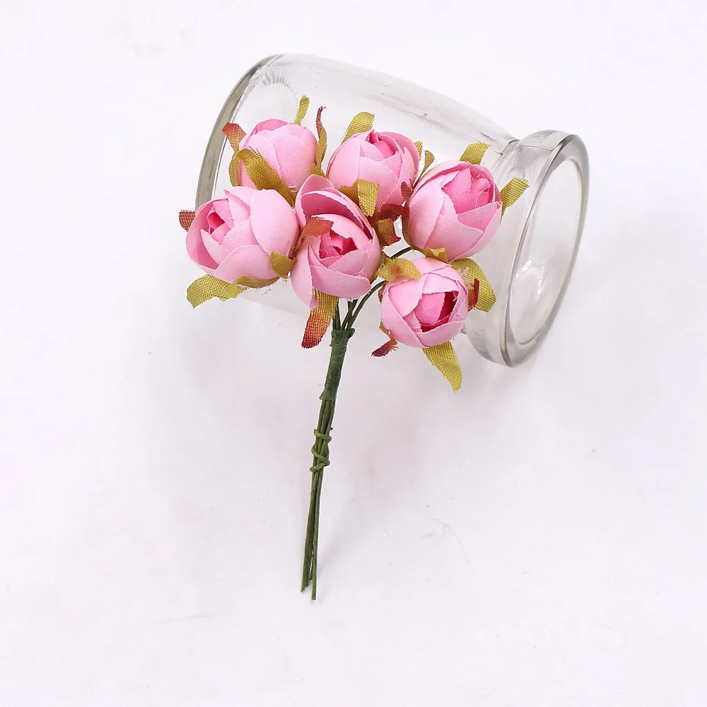 6 шт 1,5 см реалистичные нетканые Искусственные Розы Букеты для рукоделия венок Подарочная коробка искусственные цветы для скрапбукинга Para Свадебные украшения - Цвет: Темно-розовый