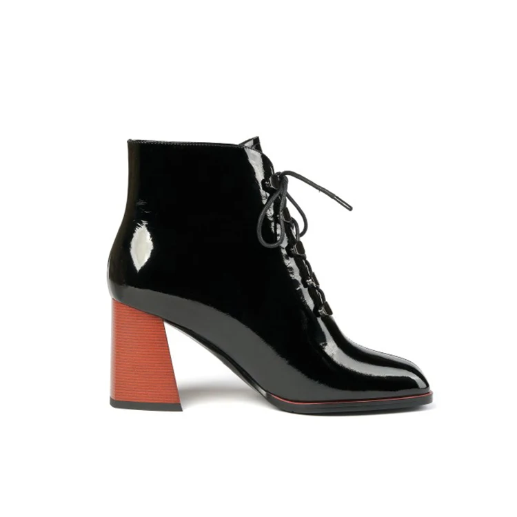 MLJUESE/ г. Женские ботильоны зимние ботинки черного цвета на высоком каблуке из коровьей кожи со шнуровкой и квадратным носком женские ботинки размер 41