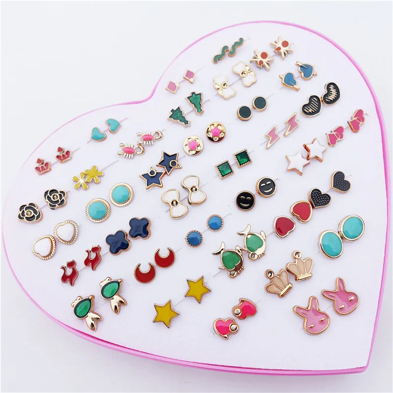 

Gold Fish Tree Rabbit Tiara Spide Star Animals Geometrics Enamel Stud Earrings Jewelry For Children Girls 36prs/lot Heart Box