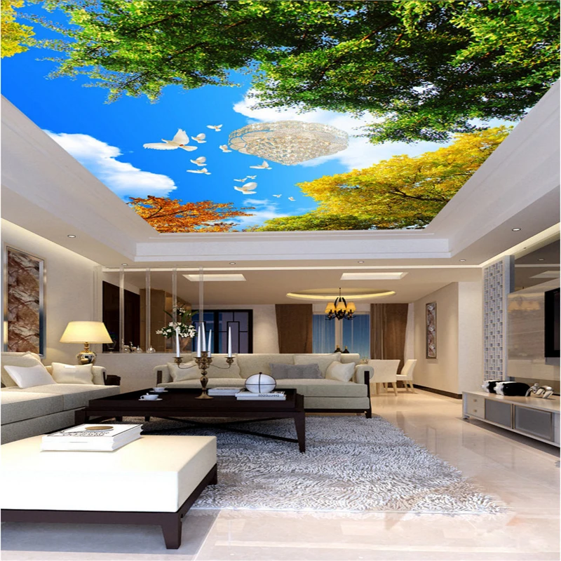 Beibehang Большой заказ обои голубое небо белые облака ослепительно дерево топ гостиная, Спальня потолка крыши fresco