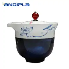 245 мл округ дехуа ручная роспись Винтаж синий лотосов и стрекоз; Керамика фарфор крышка набор мисок дома Чай комплект Чай горшок для арт-подарки