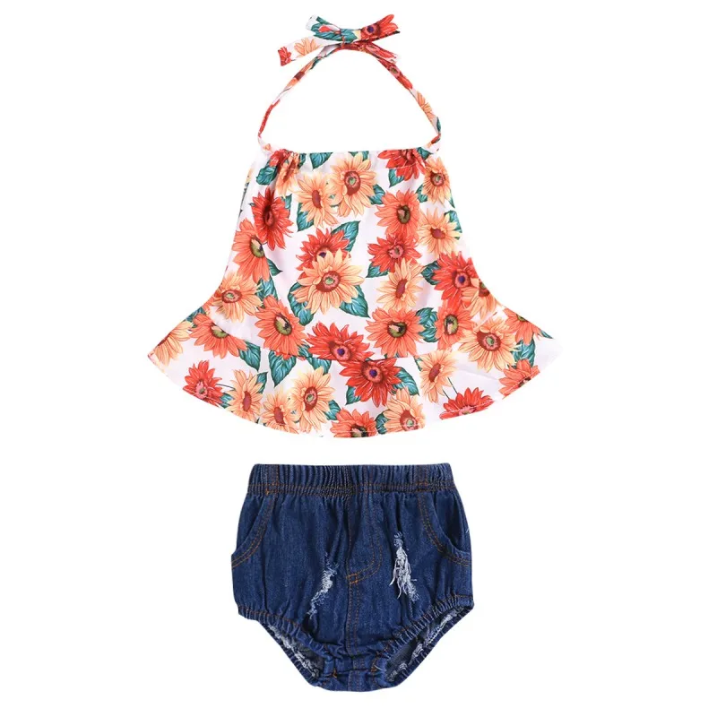 

Fashion Summer Baby Girl Casual Costume Set Strap Cotton Flower Print Tops with Solid Pattern Briefs Shorts Outfits Set