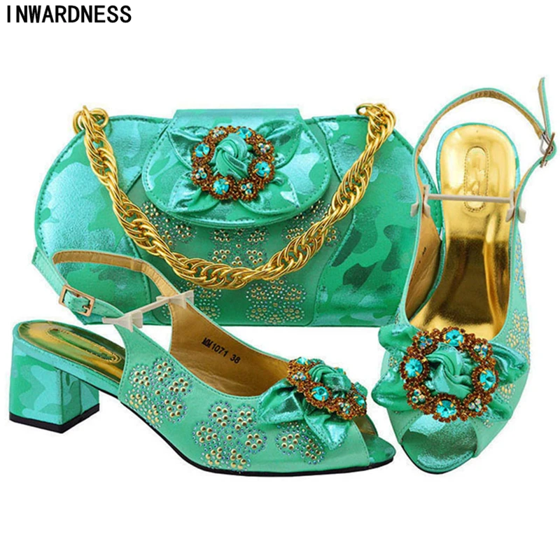 

African Wedding Italian Shoe and Bag Sets Decorated with Rhinestone Designer Shoes Women Luxury 2018 Low Heels Elegant Shoes