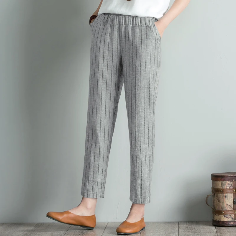 Spring Summer Women Striped Elastic Waist Pants Plus Size 4XL High Waist Casual Harem Pants Ankle-length Boho Trousers Pockets Spring Summer Women Striped Elastic Waist Pants Plus Size 4XL High Waist Casual Harem Pants Ankle-length Boho Trousers Pockets