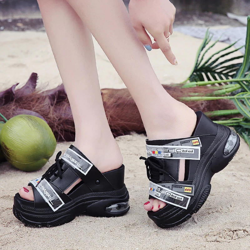 

Lucyever 2019 New Women's Leather Sandals Summer Fashion High Heels Platform Shoes Woman Leisure Thick Bottom Sandalias Mujer
