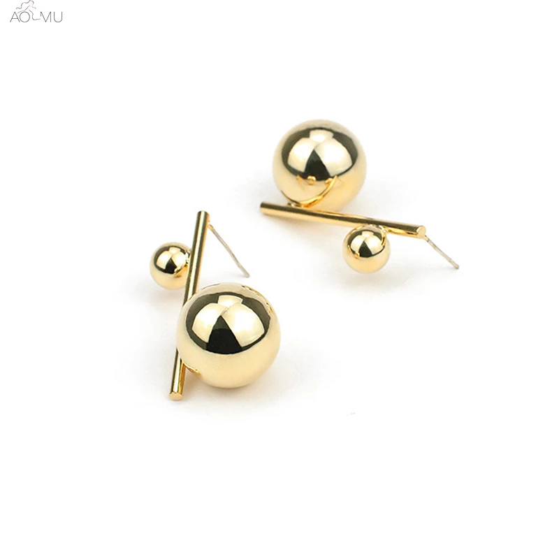 

AOMU S925 Sterling Silver Pin Unique Asymmetry Glossy Metal Round Circle Ball Stud Earrings for Women Trendy Party Gift Femme