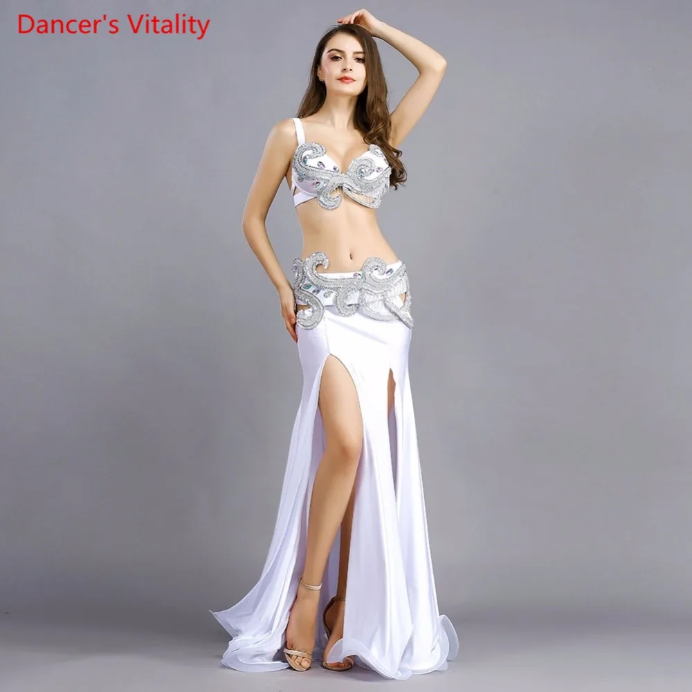 Профессиональная одежда для танцев стадии танец живота одежда восточные танцы роскошный сексуальный бюстгальтер+ пояс+ длинная юбка 3шт