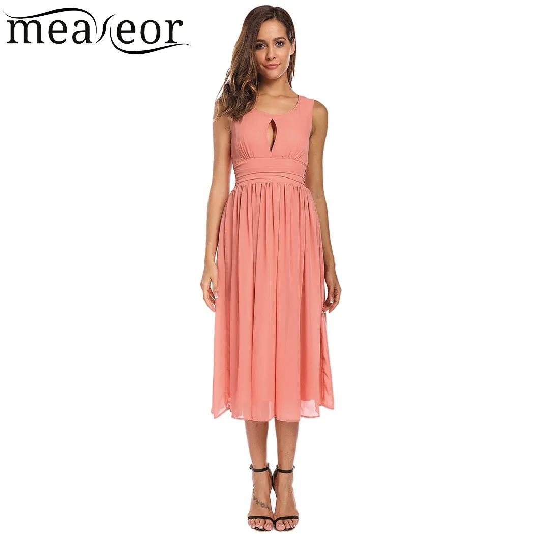 Meaneor Keyhole Backless Ruched Waist Chiffon Pleated Dress Women O-Neck Sleeveless Party Dress Sexy Summer Girl Dress Vestidos Dresses