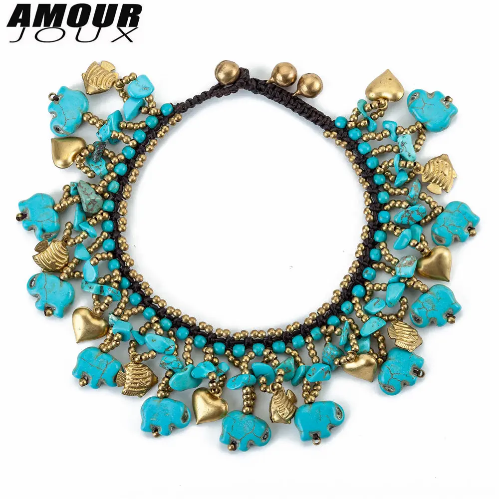 

AMOURJOUX Handmade Vintage Green Elephant Heart Fish Leg Anklets For Women Bohemia Ankle Bracelet Anklet Female Foot Jewelry