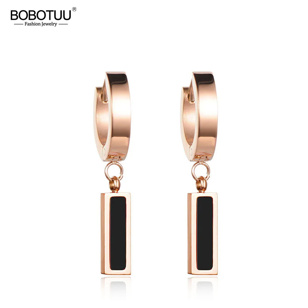 

BOBOTUU Fashion White & Black Shell Hoop Earrings For Women Rose Gold Color Titanium Steel Female Party Earrings Jewelry BE17044