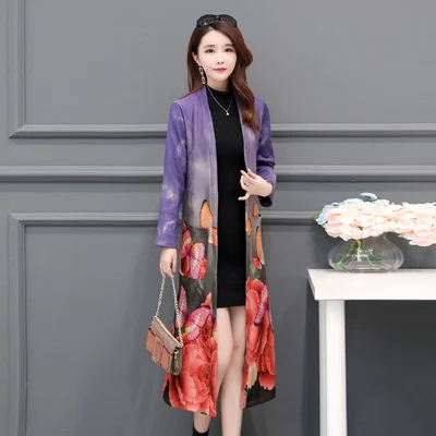 Большие размеры 5XL, Весенняя Новинка, замшевая ветровка для женщин, длинное замшевое пальто для женщин, ретро принт, тонкий Тренч, женская одежда AA631 - Цвет: purple