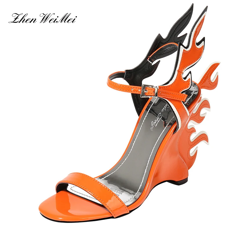 

women Sandals Chic Flame Heels One-strap Narrow Band Shoes Woman Multy Color Fashion Design Chunky Wedges High Flames Heels