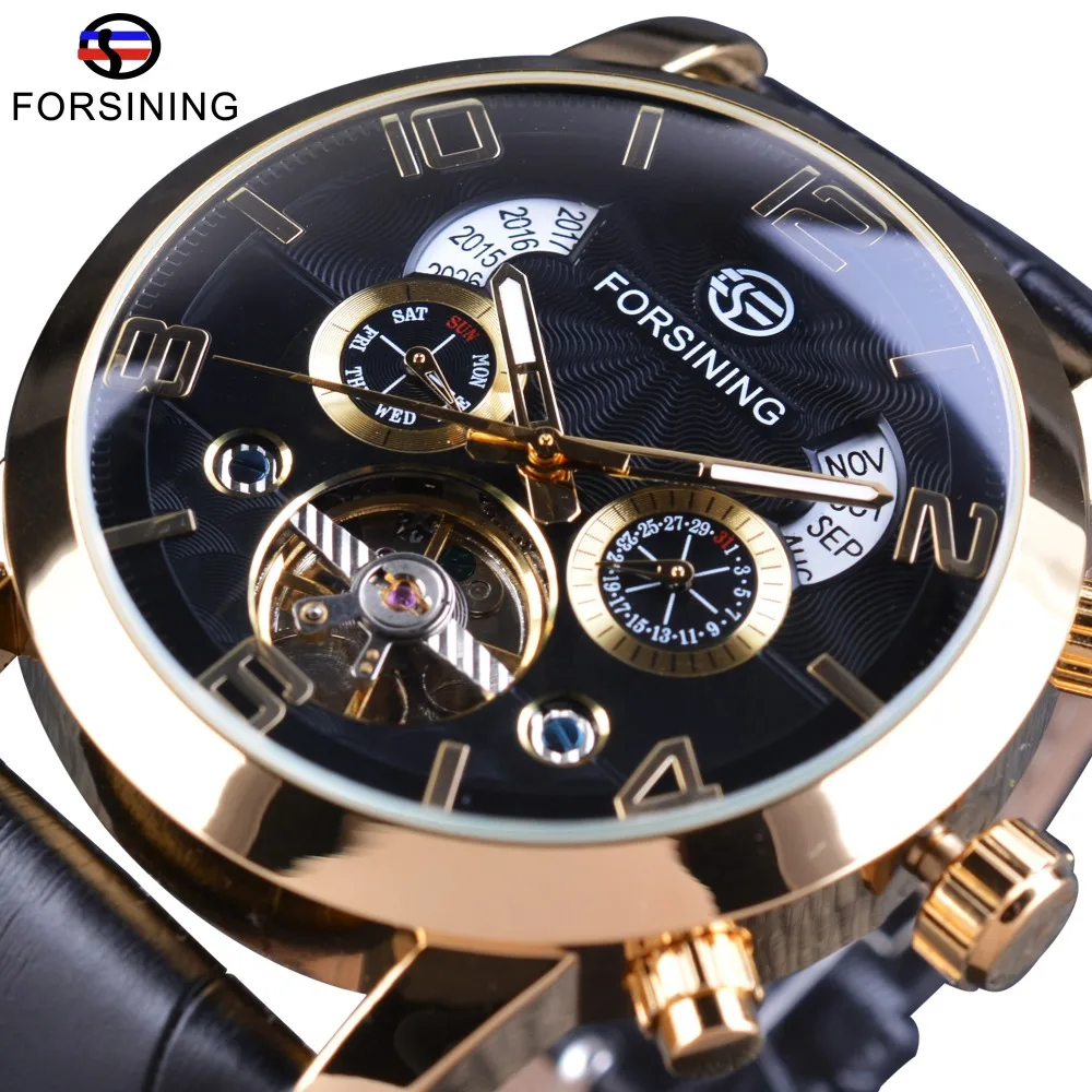Мужские часы Forsining с золотым ободком и турбином на месяц из натуральной кожи, Роскошные автоматические часы от ведущего бренда