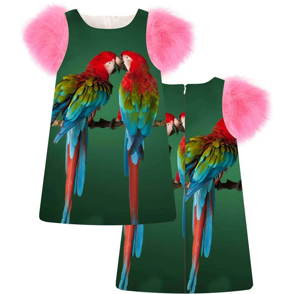 Детская одежда, платье для девочек с модным принтом, красивый попугай, весна-осень, платье с рукавами из искусственного меха для девочек, детские платья для малышей